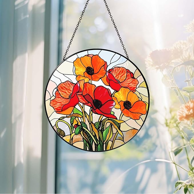 California Poppy Forest Sun Catcher 9.8'' Stained Glass Window Hanging Flower Lover Gifts for Women Red Poppy Kitchen Decor Suncatcher Decoration for Home Garden Housewarming Gifts