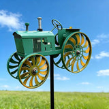 Green Tractor Wind Spinner Outdoor - Metal Windmill for Yard and Garden Decor - Kinetic Wind Sculptures & Spinners with Rotating Wheels and Sturdy Stake - Large Lawn Ornaments & Yard Art