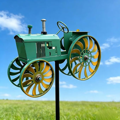 Green Tractor Wind Spinner Outdoor - Metal Windmill for Yard and Garden Decor - Kinetic Wind Sculptures & Spinners with Rotating Wheels and Sturdy Stake - Large Lawn Ornaments & Yard Art