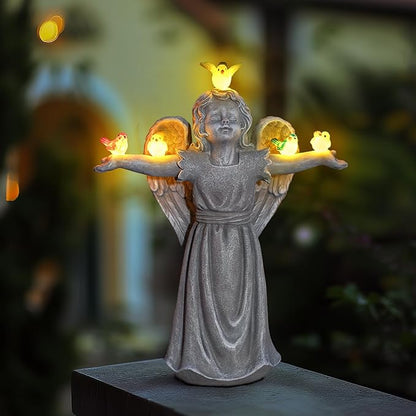 Angel Garden Statue with 5 Birds Solar Lights, Resin Cherub Figurine Outdoor Decor for Garden Porch Yard, Gift for Women Mothers Day Birthday Housewarming