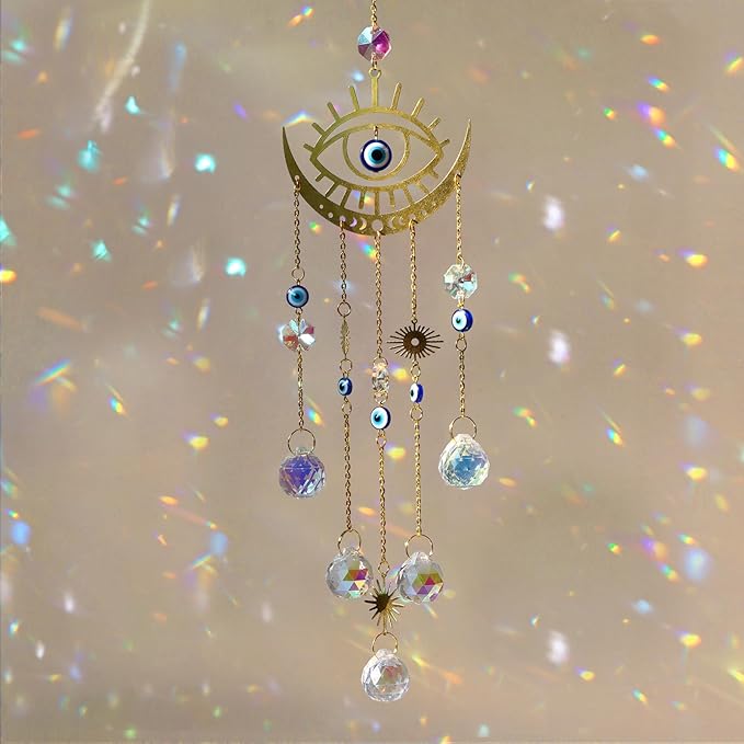 DEMIUKO Crystal Suncatcher, Suncatchers for Windows Hanging Evil Eye SunCatcher with Crystals Prism Rainbow Maker Outdoor Indoor Decor for Birthday Thanks Giving Christmas Home Garden Decor (Evil Eye)