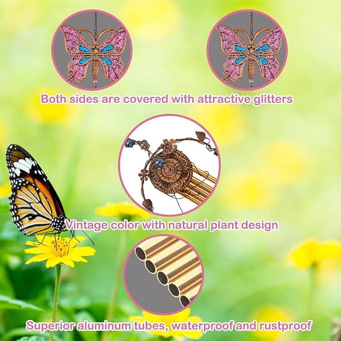 Pink Butterfly Wind Chimes - Wind Chimes for Outside Deep Tone 34 inches 5 Aluminum Tubes, Birthday, Memorial, Butterfly Gifts for Mom, Grandma, Daughter, Decor for Home, Garden, Patio, Backyard