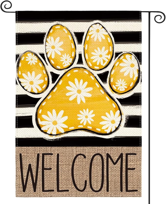AVOIN colorlife Yellow Paw Print Spring Garden Flag 12x18 Inch Double Sided Outside, Daisy Floral Welcome Stripes Yard Outdoor Flag