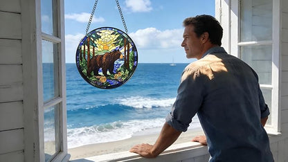 Stained Glass Window Hanging - A Black Bear is Walking in The Forest 6.3 Inches Suncatcher for Garden Home Decor for Women Mon Grandma Friends