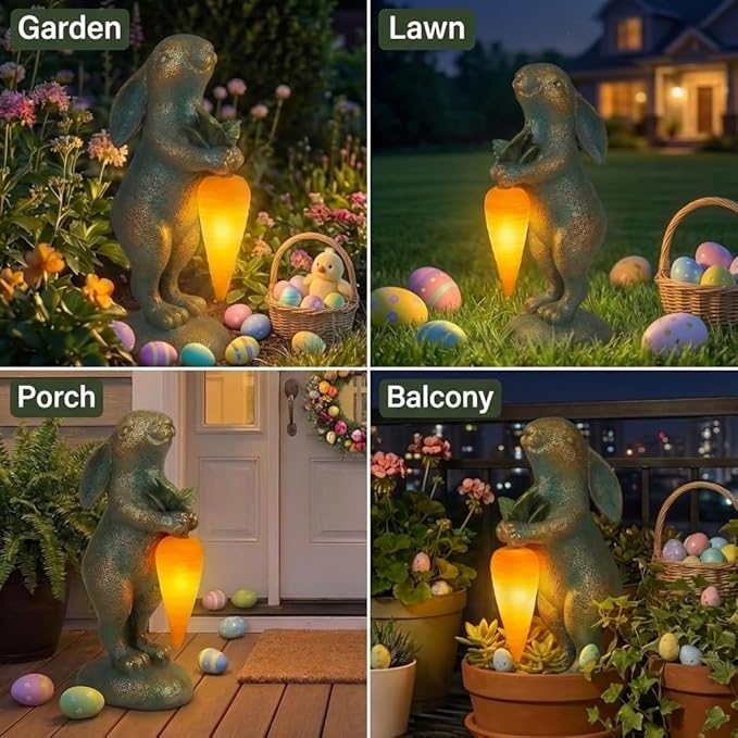 PETAFLOP Solar Garden Rabbit Statue Decor, Bunny Figurine for Patio Yard Balcony Outdoor Home, Birthday Housewarming Gifts for Mom Grandma