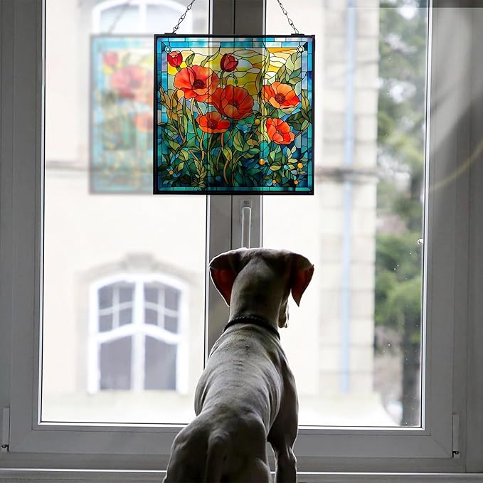 Poppy Hanging Stained Glass Suncatcher for Windows, 20cm/7.87inch Window Suncatcher Hanging Ornaments Wall Art,Hand-Painted Glass Panel Home Decor for Mom Grandma