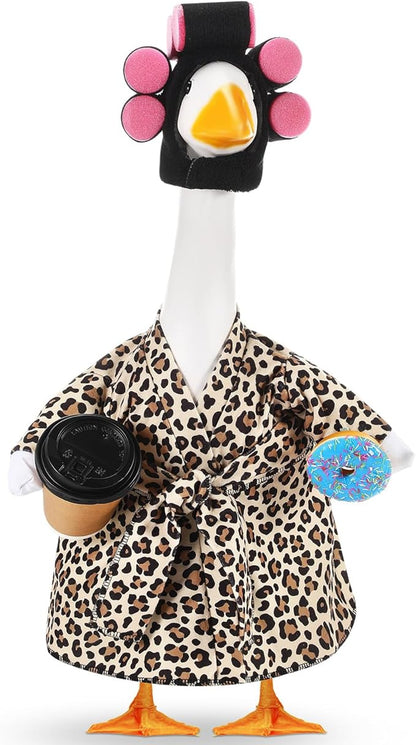 Shyyween Lady Porch Goose Outfit for 23'' Cement Plastic Lawn Goose Statue Clothes Bathrobe Coffee Cup Curlers for Outdoor Garden Yard Patio Decoration(Leopard Print Color)
