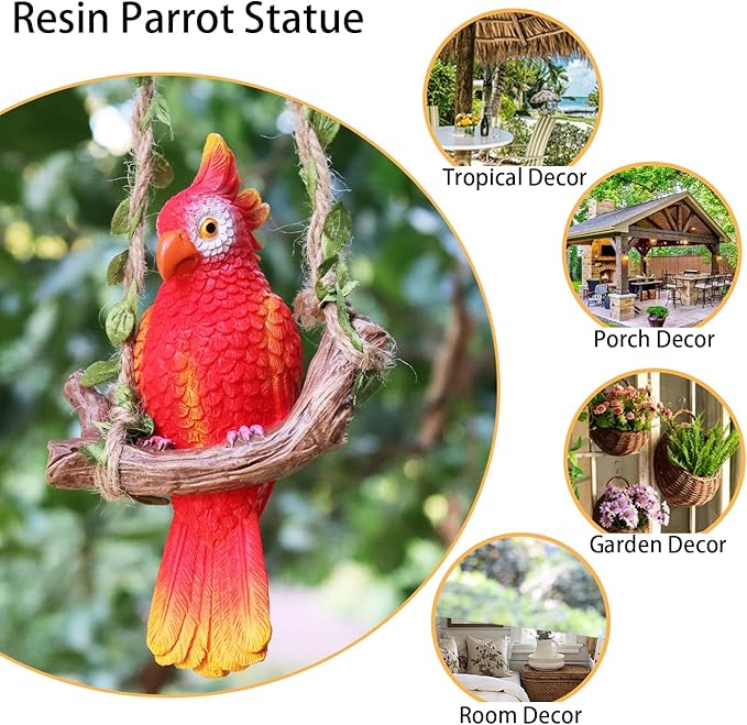 Hanging Parrot Garden Statue Decor Outdoor Hanging Animals Sculpture Decorations Tropical Swing Bird Figurine for Patio Tree Plant Lawn Yard Porch Balconies (Red)