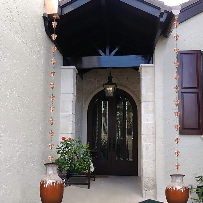 8.5FT Bell Iron Rain Chains for Gutter and Rain Barrel, Rust-Resistant Plated Garden Décor for Downspout, Bonus Rain Chain Gutter Adapter (Antique-Copper)