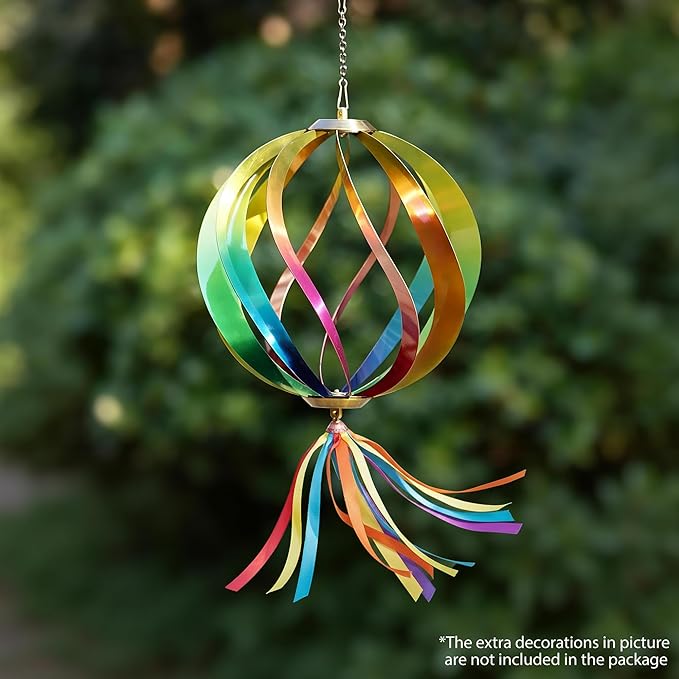 Hanging Wind Spinners Outdoor - Tool-Free Assembly Garden Wind Spinners, Spring Metal Yard Decor with Dual Hooks for DIY Accessories, Weatherproof Rust-Resistant 3D Ball(Rainbow, 8 Inch)