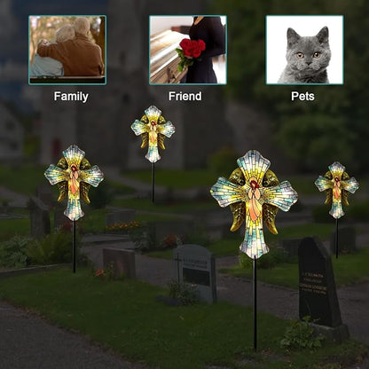 WAIU Solar Cross Garden Stake Lights, Angel Wings Waterproof Solar Outdoor Lights for Garden Yard Cemetery Decor, Memorial Cross Solar Christmas Lights
