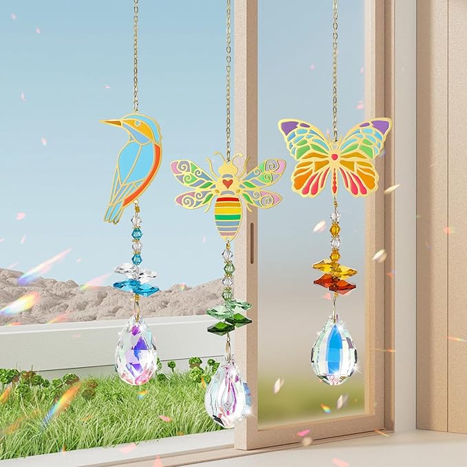 Crystal Sun Catcher, Butterfly Bird Bee Glass Window Hanging Ornament,Crystal Prism Suncatcher Outdoor Indoor Home Garden Party Decoration