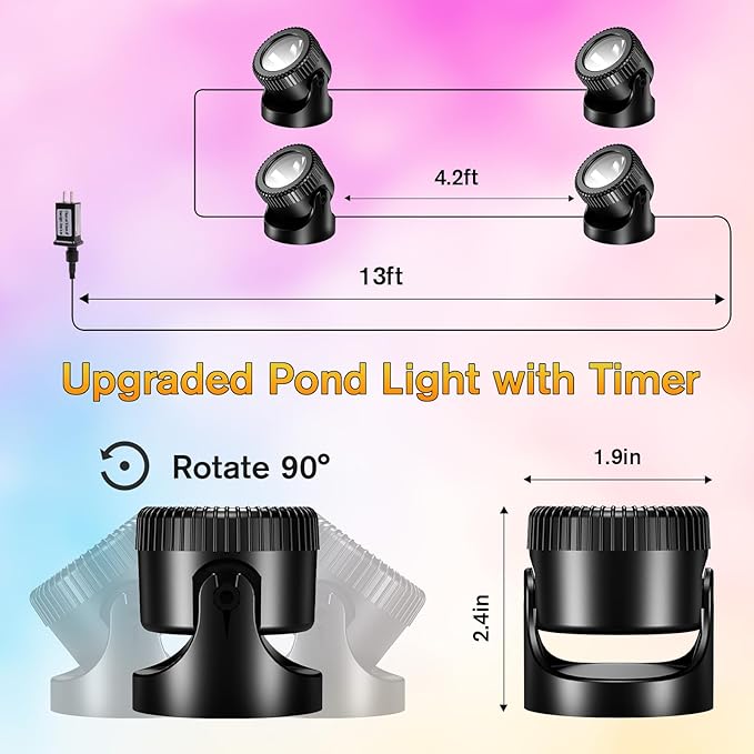 POPOSOAP Pond Lights 4-in-1 Warm White, Underwater Pond Lights with Timer/ IP68 Waterproof Submersible LED Fountain Lights for for Pond Waterfall Fountain Aquarium Garden Patio Pool(Set of 4)-P64H