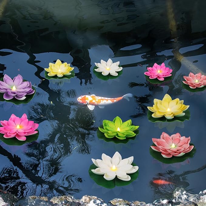 LACGO 12 PCS Floating Lotus Tea Lights - 5 Inch Floating Flowers Water Lily LED Candles for Pool, Bath, Wedding, Party Decor - Water Activated Lotus Flower Pool Lights(Mix-Color)