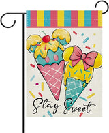 Summer Ice Cream Decorative Garden Flag, Stay Sweet Dessert Sprinkles Burlap Yard Home Decoration, Cute Pink Bow Small Outside Outdoor Decor Double Sided 12 x 18