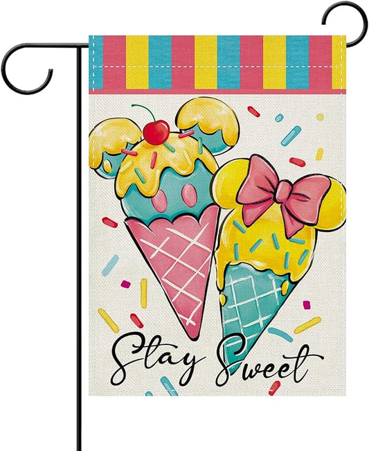 Summer Ice Cream Decorative Garden Flag, Stay Sweet Dessert Sprinkles Burlap Yard Home Decoration, Cute Pink Bow Small Outside Outdoor Decor Double Sided 12 x 18