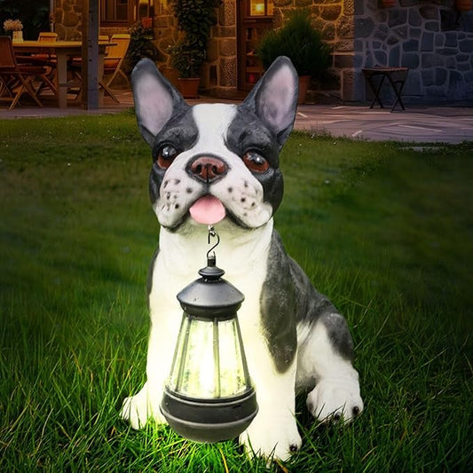Outdoor French Bulldog Dog Statue with Interchangeable Welcome Sign and Detachable Solar Lantern –LED Light Garden Dog Sculpture Décor, Cute Puppy Design for Yard, Porch, Gift