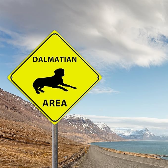 Dalmatian Crossing Sign Caution DalmatianDog Xing Sign Street Sign Wildlife Novelty Road Fence Wall Decor Warning Metal Tin Sign For Indoor Outdoor 15x15in