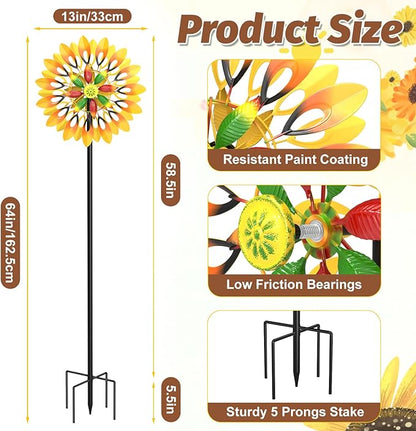 Metal Sunflower Wind Spinner Outdoor, 13" W x 64" H Large Double Windmill Pinwheels with 5 Prong Stake, Kinetic Wind Sculpture for Backyard Garden Patio Lawn Art Decor Yellow