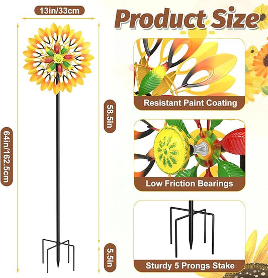 Metal Sunflower Wind Spinner Outdoor, 13" W x 64" H Large Double Windmill Pinwheels with 5 Prong Stake, Kinetic Wind Sculpture for Backyard Garden Patio Lawn Art Decor Yellow