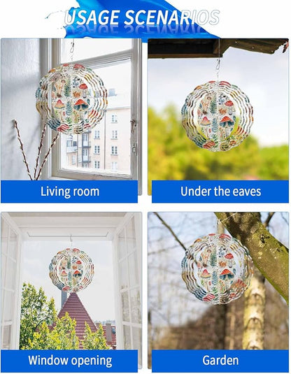 Stainless Steel Wind Spinner for Yard Garden Decoration, Watercolor Mushroom Plant Hand Drawn Retro Round Wind Sculpture Spinner 3D Crafts Hanging Ornaments for Indoor Outdoor, 8 Inch