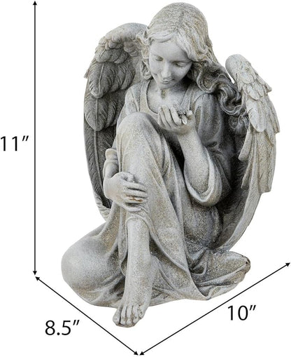 Hobby Lobby Sitting Angel Garden Statue with Bird, 11 inch Height, Indoor Outdoor Resin Sculpture, Gray, Spring, Summer