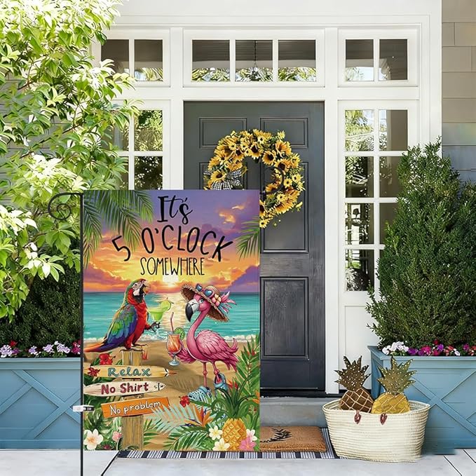 Baccessor Summer Garden Flag 12.5 x 18 Inch, Flamingo Its 5 O'Clock SOMEWHERE Double Sided Burlap Welcome Small Yard Flag Seasonal Holiday Lawn Proch Outdoor Outside Decor