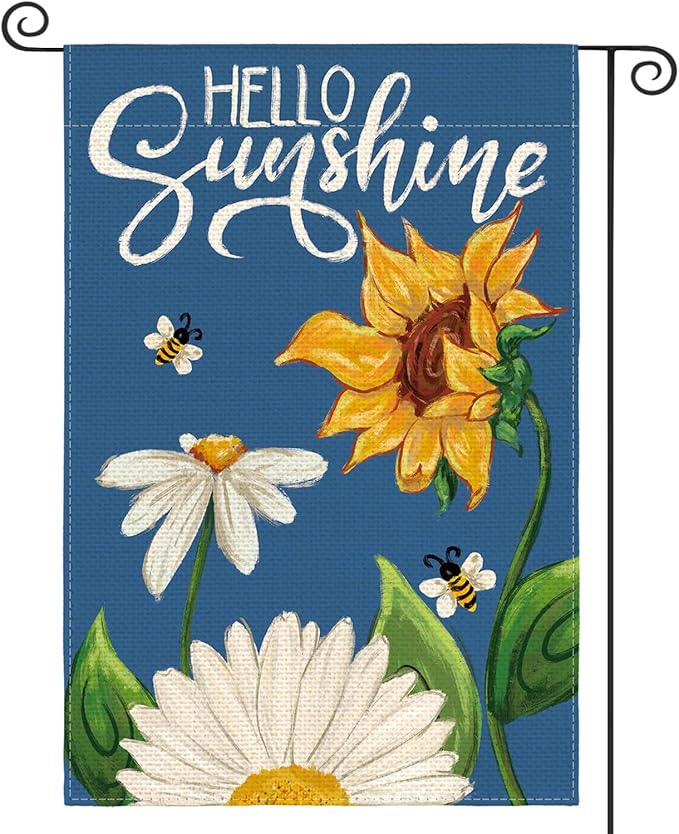 AVOIN colorlife Daisy Sunflower Hello Sunshine Garden Flag 12x18 Inch Double Sided, Summer Seasonal Holiday Burlap Yard Outdoor Decoration Blue