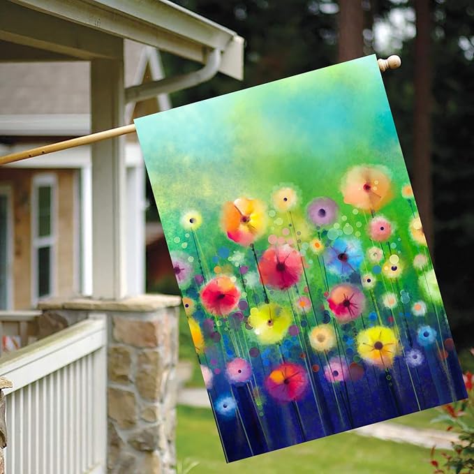 Watercolor Abstract Spring Summer Seasonal Green Floral Flowers Art House Flag 28" x 40" Double Sided Polyester Welcome Large Yard Garden Flag Banners for Patio Lawn Home Outdoor Decor