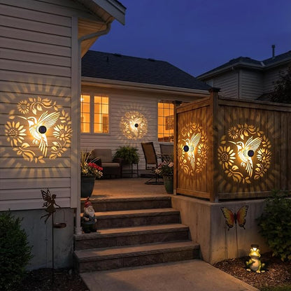 2 Pack Solar Fence Lights Metal Solar Powered Outdoor Wall Deck Step Lights Hummingbird Floral Theme Waterproof Fence Light for Garden Post Patio Backyard Yard Decor, Gardening Gifts for Women Mom