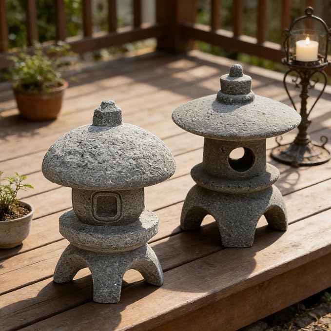 Miniature Pagoda Figurines Japanese Style Zen Garden Decor Set 2Pcs Waterproof Stone Lanterns for Bonsai Outdoor Garden Landscaping