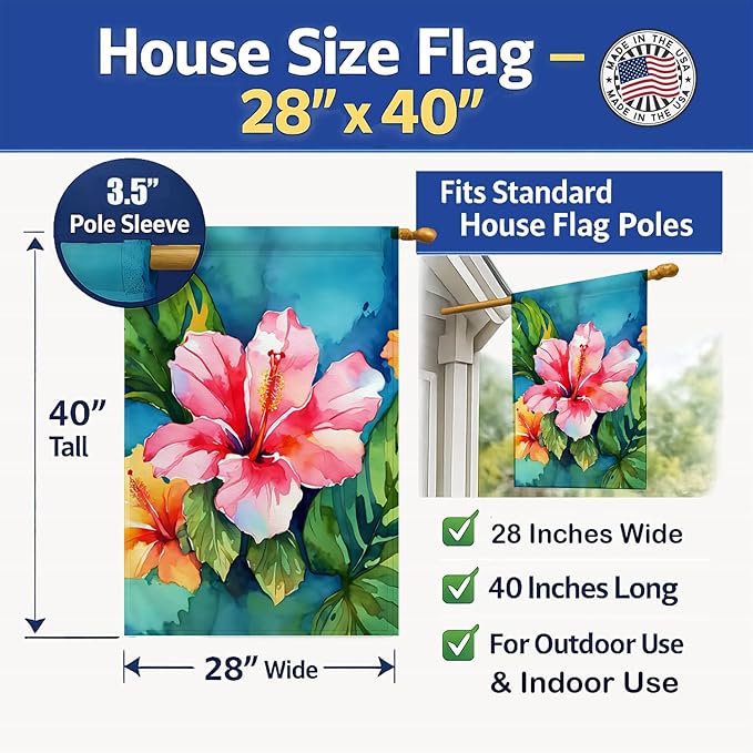 Caroline's Treasures Hawaii Hawaiian Hibiscus in Watercolor House Flag Large Porch Sleeve Pole Decorative Outside Yard Banner Artwork Wall Hanging, Polyester, House Size, Multicolor
