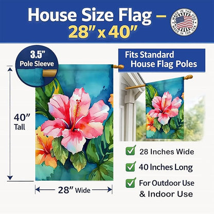 Caroline's Treasures Hawaii Hawaiian Hibiscus in Watercolor House Flag Large Porch Sleeve Pole Decorative Outside Yard Banner Artwork Wall Hanging, Polyester, House Size, Multicolor