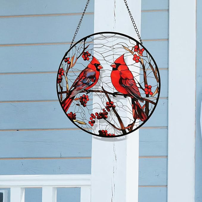 Red Cardinal Memorial Suncatcher – Stained Glass Window Hanging with Bird on Branch, Sympathy Hope Comfort Gift for Mom Grandma Women Bird Lover, Garden Patio Kitchen Decor, 8 Inch
