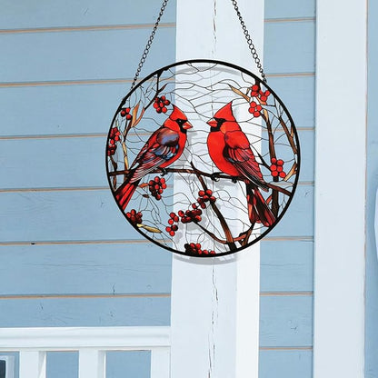 Red Cardinal Memorial Suncatcher – Stained Glass Window Hanging with Bird on Branch, Sympathy Hope Comfort Gift for Mom Grandma Women Bird Lover, Garden Patio Kitchen Decor, 8 Inch