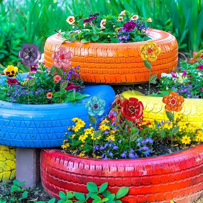 hogardeck Garden Decor for Outside, Set of 6 Metal Flowers Decorative Garden Stakes for Spring Decor, Yard Art Garden Decorations for Outdoor Lawn Porch Pathway Patio (Multi-Color)