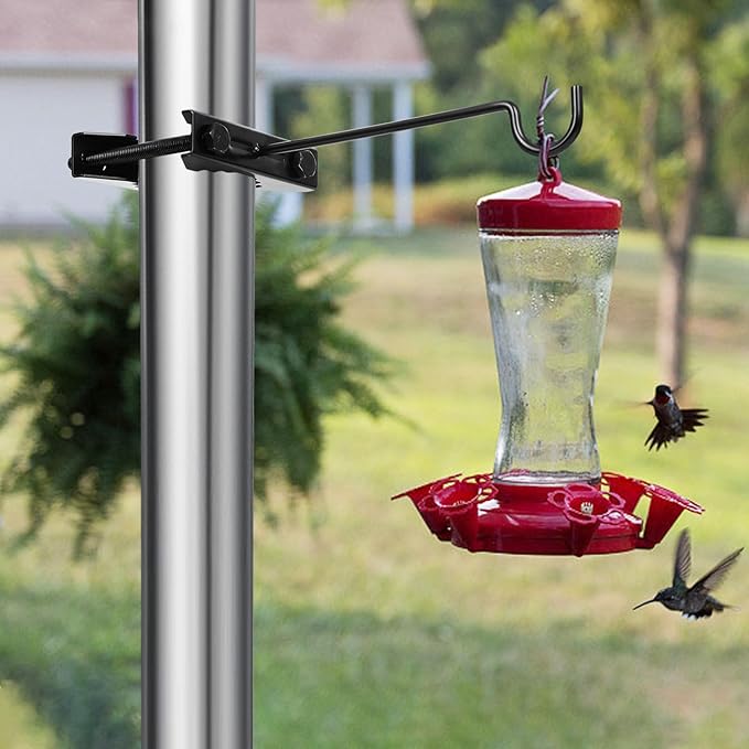 2 Pack Bird Feeder Hanger Hook, Metal Clamp-On Deck Hook for Railing Pole, Outdoor Hanging Bracket for Plant, Camping Lantern Rack, Windproof Tree Branch Hooks for Wild Bird House Holder
