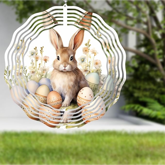 Easter Bunny Wind Spinner Easter Day Gifts 3D Metal Kinetic Hanging Wind Sculpture Spinners for Yard and Garden Indoor Outdoor Window Easter Rabbit Yard Art Garden Decoration 8 Inch (Bunny 1)