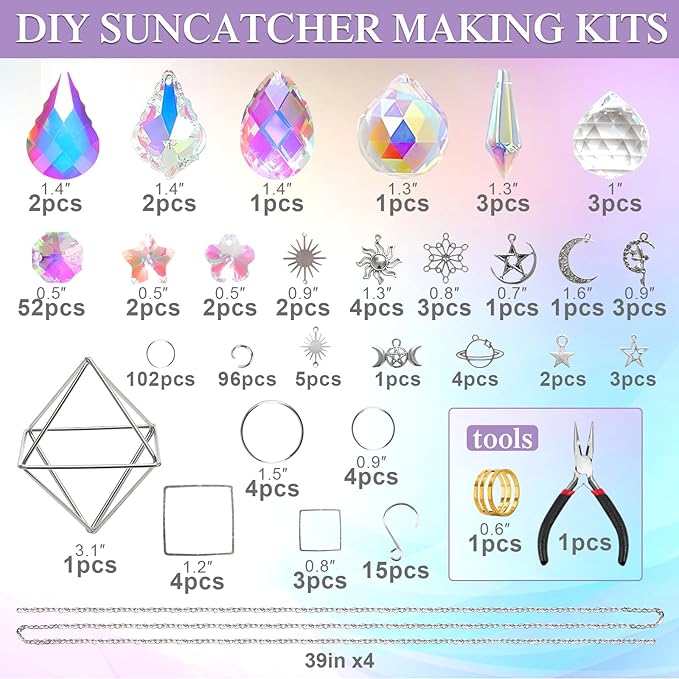 Crystal Suncatchers Kits, 330 PCS Suncatchers Making Kits Wind Chime Hanging Decorative Suncatcher with Rainbow Maker Craft for Adult Window Indoor Outdoor Xmas Garden Decor (Silver)