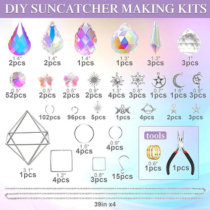 Crystal Suncatchers Kits, 330 PCS Suncatchers Making Kits Wind Chime Hanging Decorative Suncatcher with Rainbow Maker Craft for Adult Window Indoor Outdoor Xmas Garden Decor (Silver)