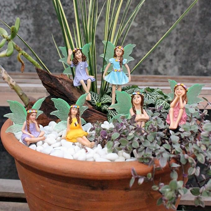 Fairy Garden Decor Fairy Door and Windows for Trees, Glow in The Dark Yard Sculpture Lawn Ornament Mini Garden Art Outdoor Decor Accessories with Lantern (6 Fairies)