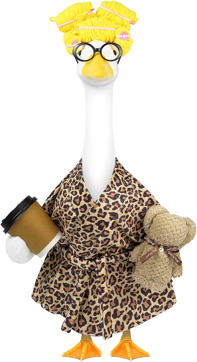 Lady Porch Goose Outfits,Bathrobe Porch Goose Statue Costume with Curlers Reading Glasses Coffee Cup Towel,Cute Goose Clothes for 23-Inch Cement Statue,Lawn Yard Garden Patio Decor（Leopard Print 01）