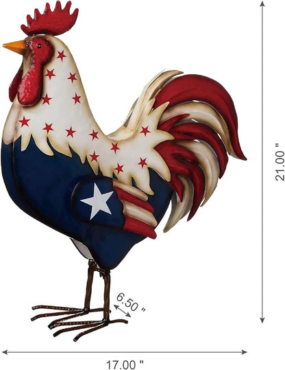 Glitzhome Metal Patriotic Rooster Statue, Rustic Yard Signs Porch Decor 21" H Garden Rooster Sculpture for 4th of July Independence Day USA Home Decor