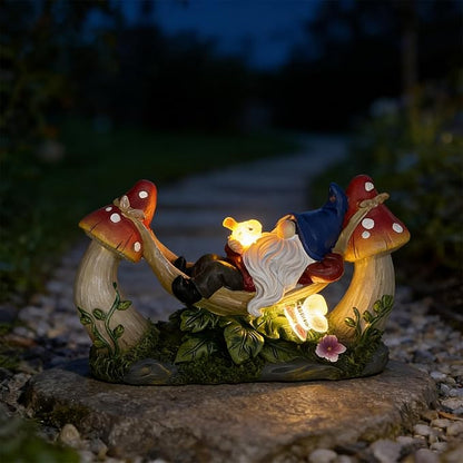 Solar-Powered Garden Gnome Statue - Mushroom LED Light Outdoor Lawn Ornament, Waterproof Resin Sculpture,Weather-Resistant Cute Figurine, Perfect for Yard, Garden Path, Patio Lighting Decor (Red)