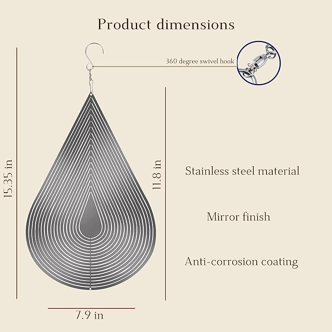 3D Stainless Steel Wind Spinner – 11.8" Hanging Garden Wind Spinner for Outdoor & Indoor Decor | Kinetic Metal Yard Art for Patio, Balcony, Porch or Living Room - Easy Installation (Droplet)