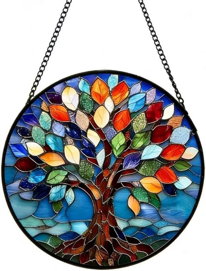 Tree of Life Sun Catcher Acrylic Suncatchers Full Cover Stained Glass Window Hanging Round Ornament Decor for Garden Indoor/Outdoor Housewarming Gift for Women Friends