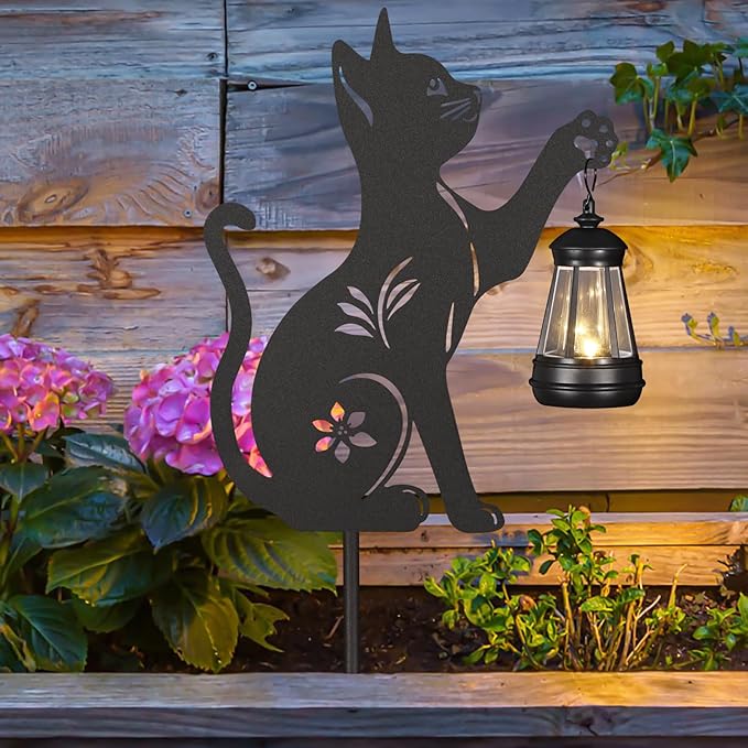 Doorkeer 2Pack Solar Outdoor Garden Lights Stakes Metal Cat Lawn Deco Statue Black Cat Patio Garden Decorative Stakes with Solar Lantern Christmas Birthday Gifts for Women Mom and Grandma