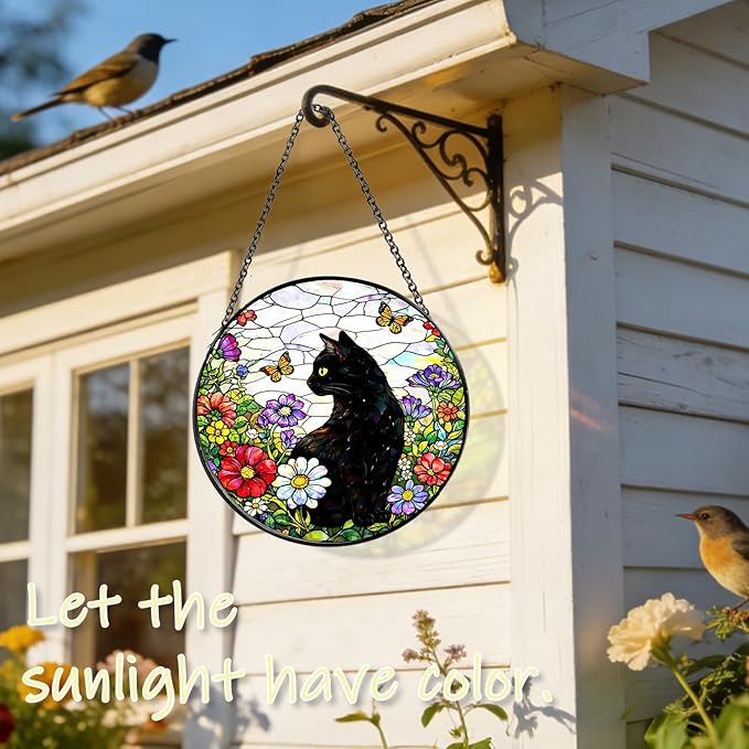Stained Glass Suncatchers for Windows, 8 in Hanging Sun Catchers Indoor Window, Cat Suncatcher for Home Decor, Garden, Patio