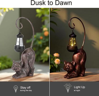 Solar Cat Figurine, 15.7 Inches Tall LED Waterproof Antique Bronze Resin Statue, Auto On/Off at Dusk for Cat Lovers or Memento Gift Outdoor Decor