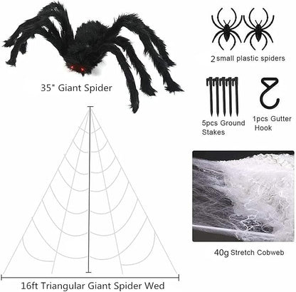 Halloween Spider Web Decoration 16ft + Giant Spider 35" Black + Stretchy Dense Spider Silk Rope and 2 Small Spiders Triangular Huge Spider Web for Indoor/Outdoor
